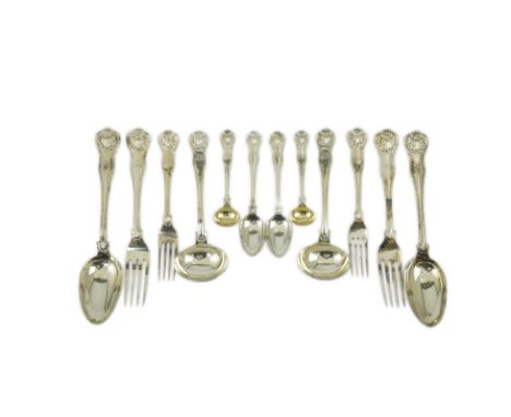 A matched part canteen of George IV and later silver shell scroll pattern flatware, comprising four table forks and four tabl