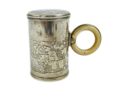 A William IV silver travelling campaign cup and beaker and cover set, by R &amp; S Garrard &amp; Co, with engraved chinoiseri