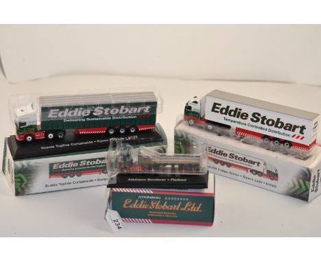 3 ATLAS EDITIONS EDDIE STOBARTS TO INCLUDE ATKINSON BORDERER FLATBED, VOLVO FH FRIDGE TRAILER EMMA JADE H4663 AND SCANIA TOPL