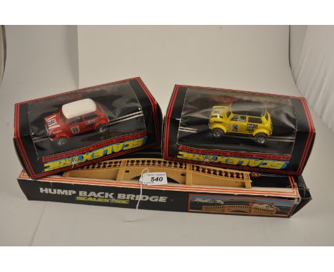 2 SCALEXTRIC RACING MINIS AND HUMP BACK BRIDGE ALL BOXED