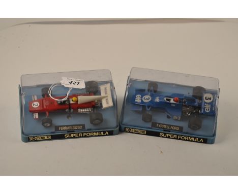 2 SCALEXTRIC SUPER FORMULA RACING CARS TO INCLUDE C121 ELF TYRRELL FORD AND FERRARI 312 B.2 BOXED