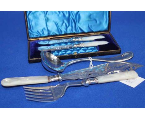 OLD ENGLISH PATTERN SILVER SAUCE LADLE WITH THREAD BORDER
together with a pair of mother of pearl handled silver plated fish 