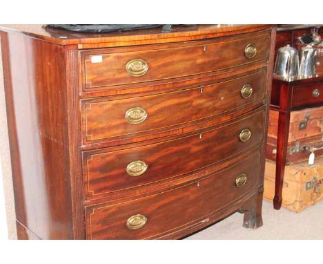 LATE GEORGIAN MAHOGANY BOW-FRONTED CHEST 
of four drawers, line inlaid, over splayed bracket feet, 110cm high, 119.5cm wide