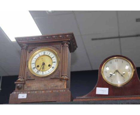 LATE VICTORIAN MAHOGANY MANTEL CLOCK
with Roman numeral chapter ring, two train movement (German), 35cm high; together with a