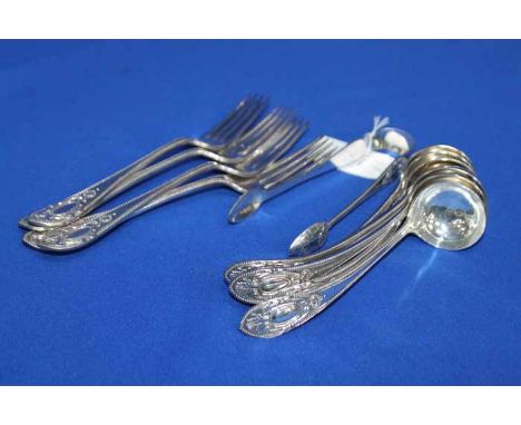 SELECTION OF SILVER PLATED ITEMS
including a group of flatware in a bold Victorian pattern, basting spoons, a ladle, two case