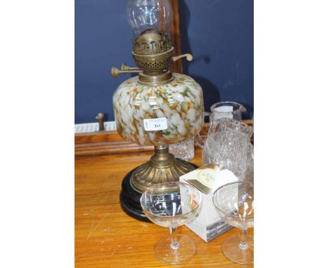 VICTORIAN OIL LAMP WITH MARBLED GLASS RESEVOIR
and a small group of glassware