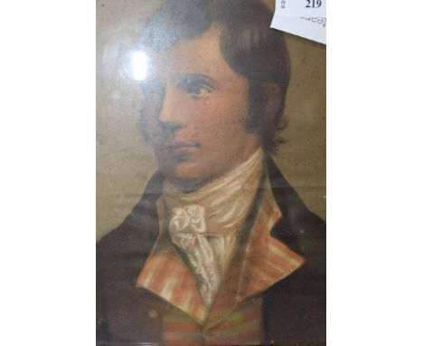 VICTORIAN LITHOGRAPHIC PRINT OF RABBIE BURNS 
and a framed needlework panel (2)