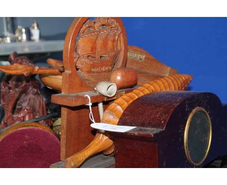 LOT OF MIXED COLLECTABLES
including a mahogany mantel clock, a pipe rack with pipes, a carved wooden lamp, a mother of pearl 