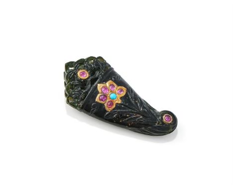 An Indian dark green jade gem-set chape, 17-18th century, the top carved in openwork with lotus, each side carved in shallow 