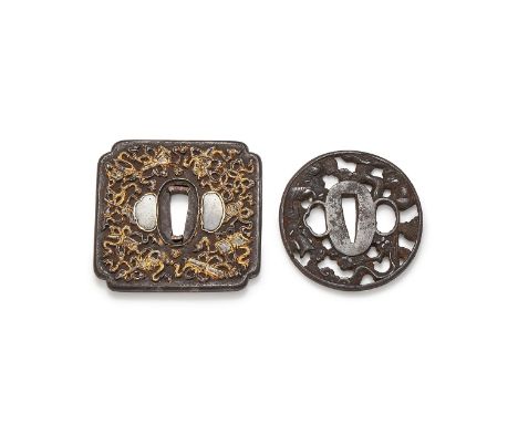 A Japanese Namban Iron Tsuba, 18th Century, of square form carved in relief and gold nunome with Chinese emblems and devices,