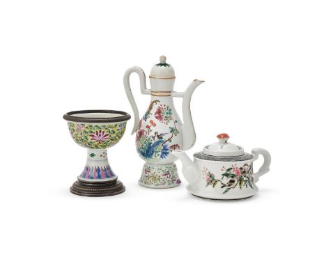 A Chinese Famille Rose wine ewer and cover, 19th century, 20.5cm high; a Chinese Famille Rose stem cup, 19th century, with la