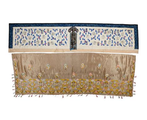A Chinese golden silk panel, early 20th century, embroidered by a European hand, tassels decorate the border, possibly a bed 