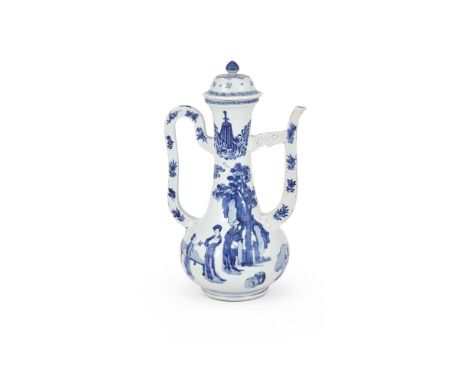 A Chinese blue and white pear-shaped ewer, Qing dynasty, painted on one side with a lady cradling a baby and the other side w