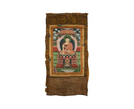 A Thang-ka depicting Buddha, Tibet, 18th or 19th century, pigment on cloth, seated on a lotus throne on raised plinth, a shri