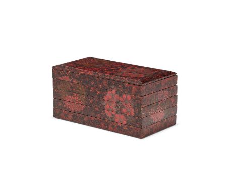 A Japanese Lacquer Sword Fitting Collector's Box, Meiji-Taisho Era, composed of five rectangular stacking sections with flat 