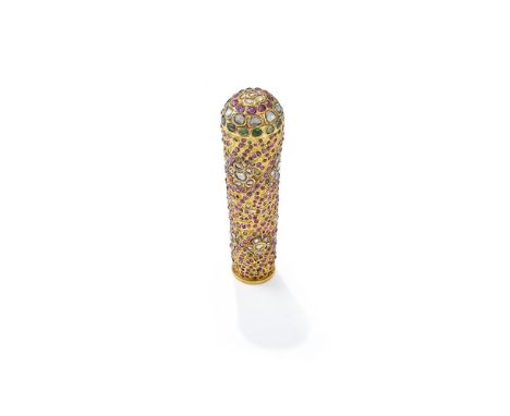 A Indian silver gem-set walking stick handle, 19th century, the gold handle with convex terminal set with rubies, emeralds an