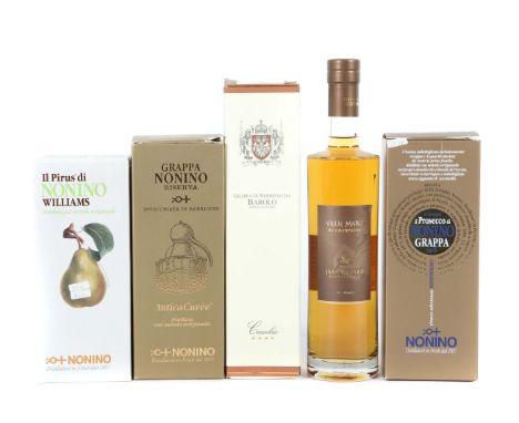 5 Flaschen Grappa1x Jean Goyard, Vieux Marc de Champagne, 40% vol., 0,7 l; 1x Cambio, Grappa di Nebbiolo da Barolo, 40% vol.,