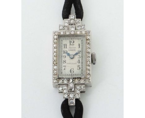 Damenarmbanduhr Art DecoMarke Alpina Gruen, Platin, mit 54 Diamanten, Wildlederarmband, ca. 16,9 g, L: ca. 19,5 cm, Tragespur
