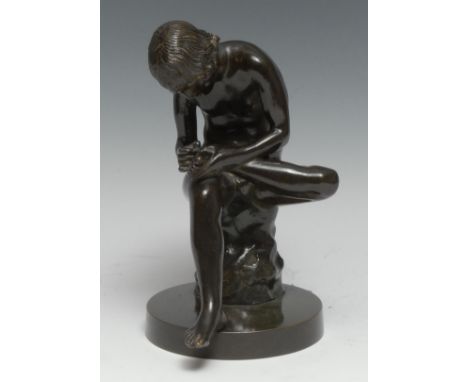 Italian Grand Tour School (19th century), a dark patinated library bronze, Spinario or Boy with Thorn, after the Antique Hell