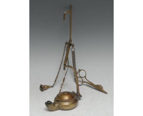 A 19th century bronze hanging spout lamp, after a Roman oil lamp, snuffers ensuite, 27.5cm high overall 
