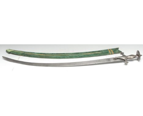 An Indian tulwar, 82cm curved blade, steel hilt with disc pommel, 95cm long overall, 19th century, green velvet scabbard 