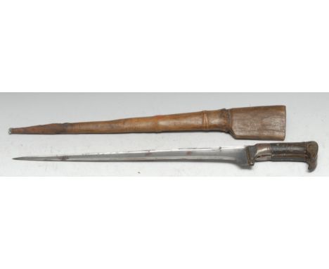A 19th century Indian pesh kabz dagger, 39.5cm straight pointed single-edged blade with broad spine, two-piece horn grip deco