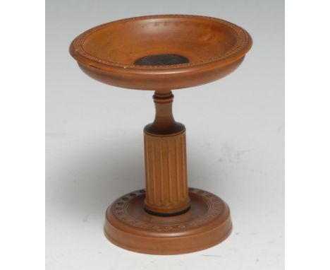 A 19th century boxwood tazza, dished circular top centred by an engine turned roundel, 10cm high, c.1850Provenance: Ink MS. i