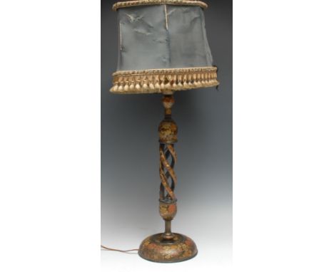 A Kashmiri table lamp, typically decorated in polychrome and gilt with flowers, open-twist pillar, circular base, 52cm high, 