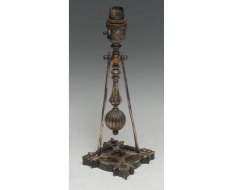 A Gothic Revival silver plated and mahogany Pullman railway carriage type counterweight table lamp, quatrefoil tracery base, 