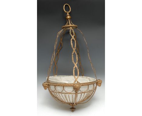 A Neo-Classical Revival gilt metal bag-shaped ceiling lamp shade, worked throughout with ribbons and swags and applied with c