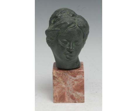 Yuki (Japanese School), a verdigris patinated bronze, bust of a young lady, marble base, 15cm high 