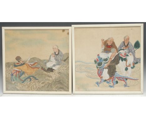 Chinese School A set of four, Figures from Mythologyred seal marks, watercolour and gouache on silk, 34.5cm x 34.5cm 