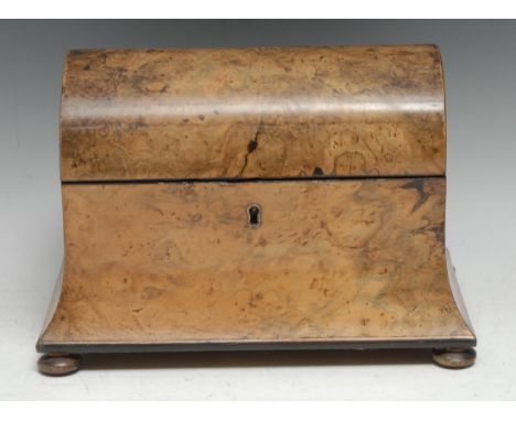 A Victorian walnut domed concave tea caddy, hinged cover enclosing a pair of lidded compartments, bun feet, 24.5cm wide, c.18