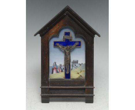 A French Limoges enamel easel icon, the bronze corpus christ mounted to a polychrome panel, ebonised niche, 18cm high, c.1900