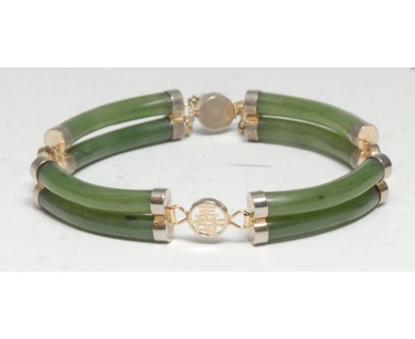 A Chinese gilt metal mounted jade articulated bracelet, 7cm diam 