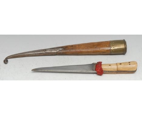 An Indian Khyber knife or kard dagger, 18cm tapered blade, two-piece ivory grip, brass and steel mounted wooden scabbard, 46c