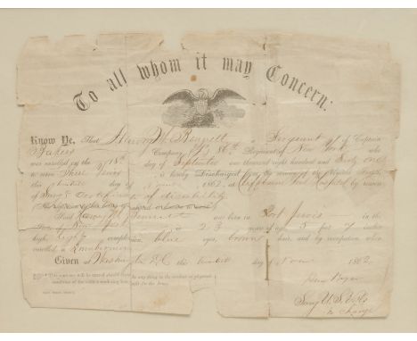 American Civil War - a United States Army discharge certificate, Harvey Bennett, a Sergeant of Captain Baker's Company , 86th
