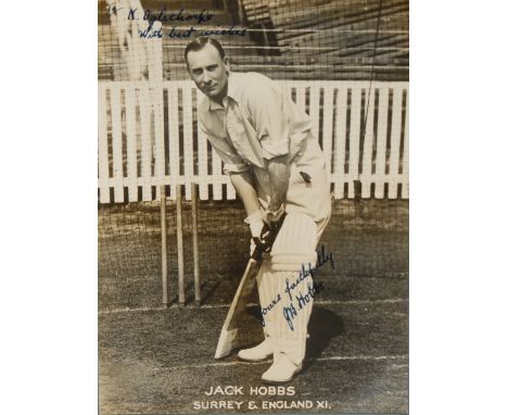 Sport, Cricket - Jack Hobbs, Sir John Berry Hobbs (1882?1963), a signed b/w press photograph while in the Surrey &amp; Englan