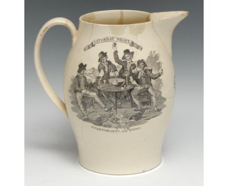 An English creamware ovoid beer jug, Saturday Night, Sweethearts and Wives, transfer printed in monochrome with revellers at 