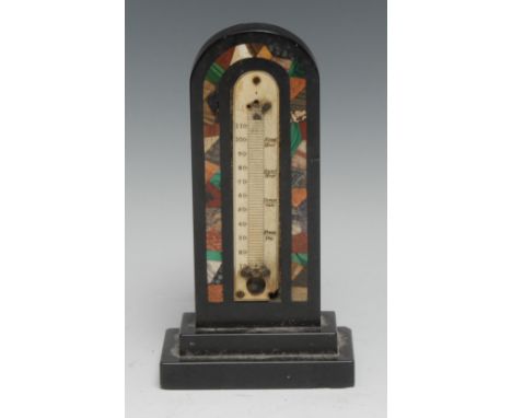 A 19th century Derbyshire Ashford marble desk thermometer, inlaid with a border of Blue John, malachite, fossil stone, alabas