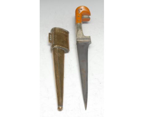 An Indian pesh kabz dagger, 23cm straight tapered single-edged blade with broad spine and koftgari type decoration, two-piece
