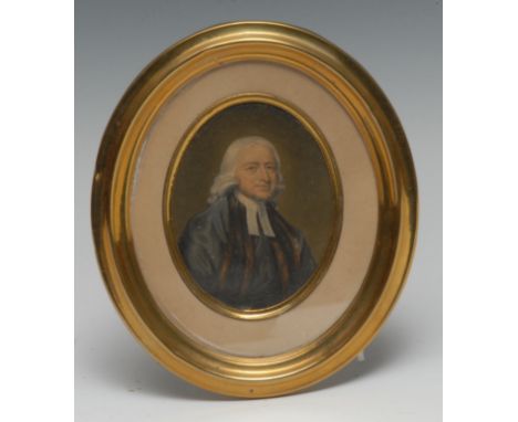 Methodism - George Romney, after, a portrait miniature print, of John Wesley, oval, 9cm x 7cm 