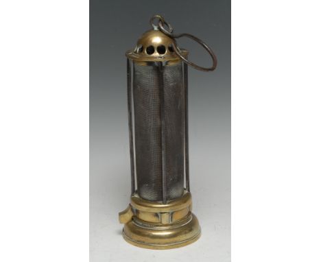 Coal Mining History - a 19th century brass Davy type miner's lamp, by H.M. Edwards, Wakefield, pierced domed canopy, cylidric