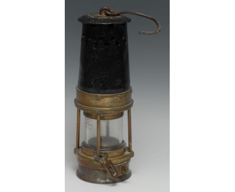 Coal Mining - an early 20th century steel and brass 2BA miner's lamp, by John Davis &amp; Son, Derby, 29cm high 