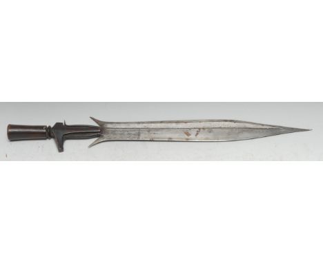 Tribal Art - a central African dagger, 37cm shaped and pointed blade chased with a panel of geometric motifs, hardwood grip, 