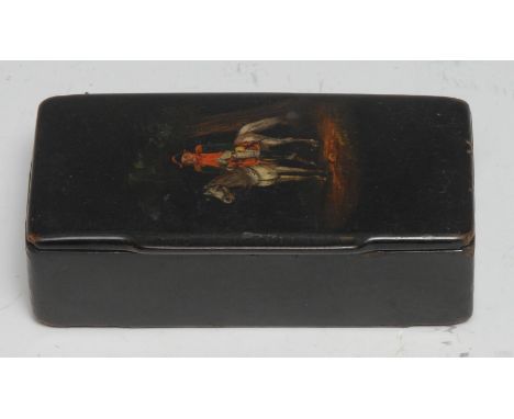 The Cult of Napoleon - a 19th century papier mache rectangular snuff box, hinged cover painted in polychrome with an equestri