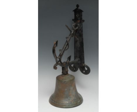 An early 20th century bronze bell, the wrought iron nautical wall bracket with fouled ship's anchor, iron clapper, 48cm high 