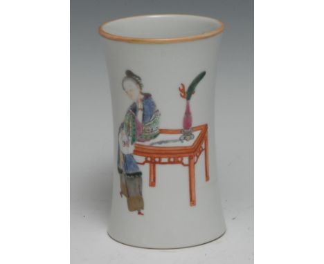 A Chinese waisted cylindrical brush pot or vase, painted in the famille rose palette with ba lady seated at a scholar's table