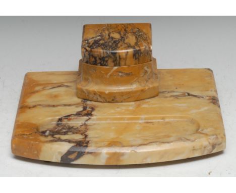 A large Sienna marble boweed rectangular desk stand, the inkwell with hinged cover and pen recess, 25.5cm wide, early 20th ce