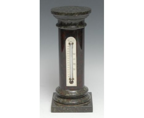 A late 19th century Cornish serpentine Doric column mantel thermometer, the ivorine scale inscribed Bradbury, Penzance, squar